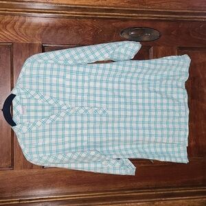 Columbia Sportswear Camp Shirt 3/4 Roll Tab Sleeve 100% Cotton  White and Teal